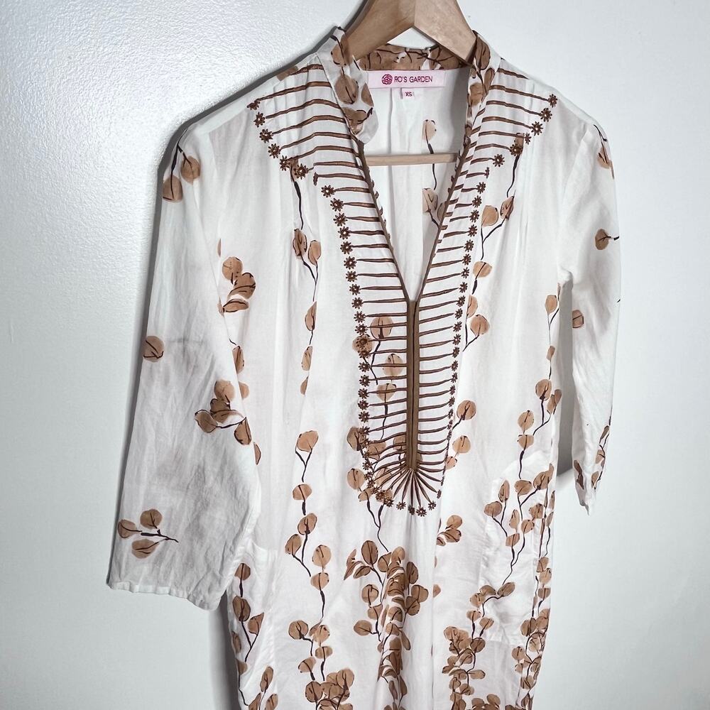 Tuckernuck Ro’s Garden Clorinda Kaftan Dress Leaf Sand Cotton XS Boho Midi - Picture 5 of 13
